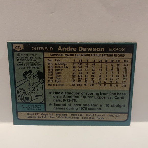 1980 Topps Andre Dawson #235 Montreal Expos (MISC6) - Picture 2 of 2